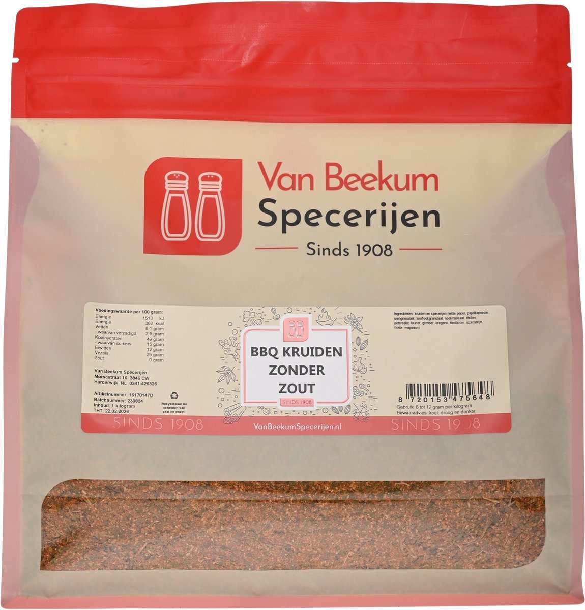 Van Beekum Specerijen - BBQ Kruiden Zonder Zout - 1 kilo (hersluitbare stazak)