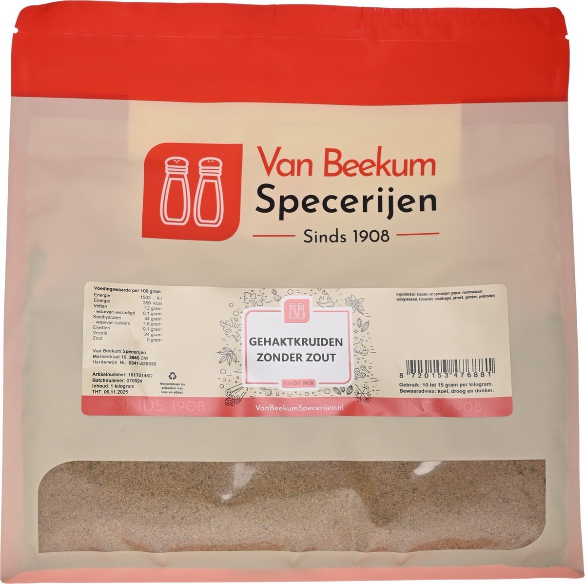 Van Beekum Specerijen - Gehaktkruiden Zonder Zout - 1 kilo (hersluitbare stazak)